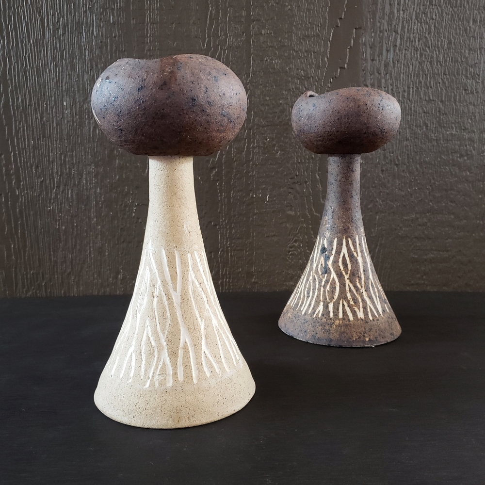 Vintage Art Pottery Large Toadstool Ceramic Candle Holder Set
